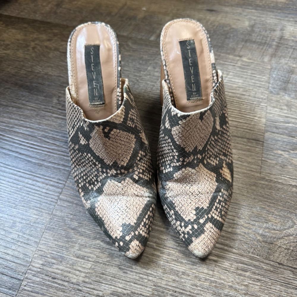 Steven by Steve Madden Womens 7 Snakeskin Pointed Toe Mules Block Heel Western